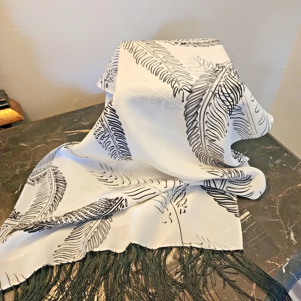 Allison W Black and White Feather Print Silk Oblong scarf  48